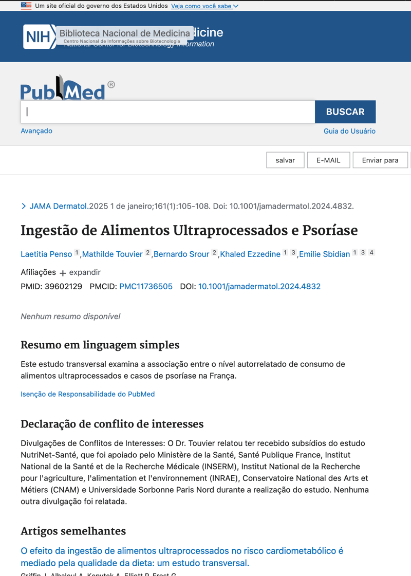 Estudo PubMed sobre alimentos ultraprocessados e psoríase
