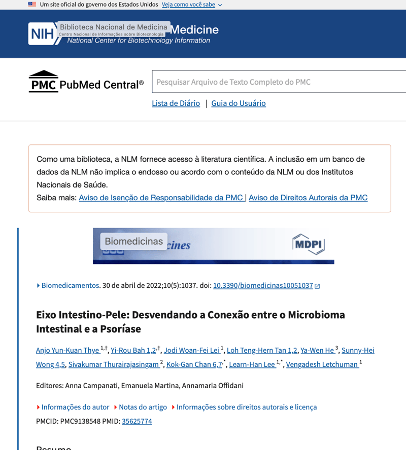 Estudo PMC sobre eixo intestino-pele e psoríase